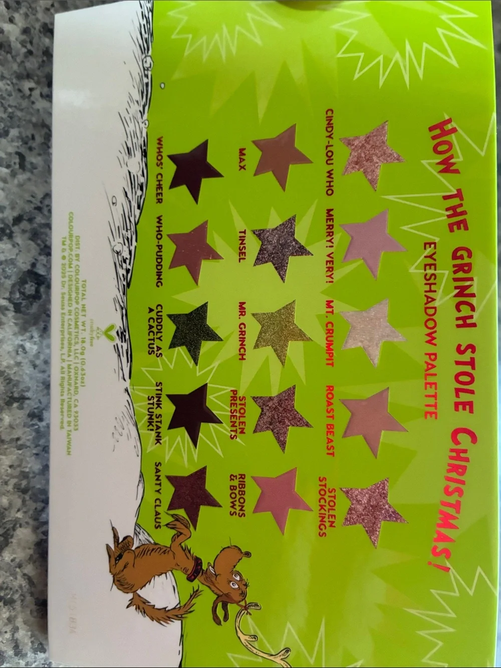 ColourPop The Grinch Holiday Eyeshadow Palette - Never Used